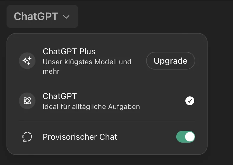 Beim ChatGPT Nutzen kann man das provisorische Chat verwenden. Hier im Bild sieht man, dass man das provisorische Chat ein- und ausschalten kann.