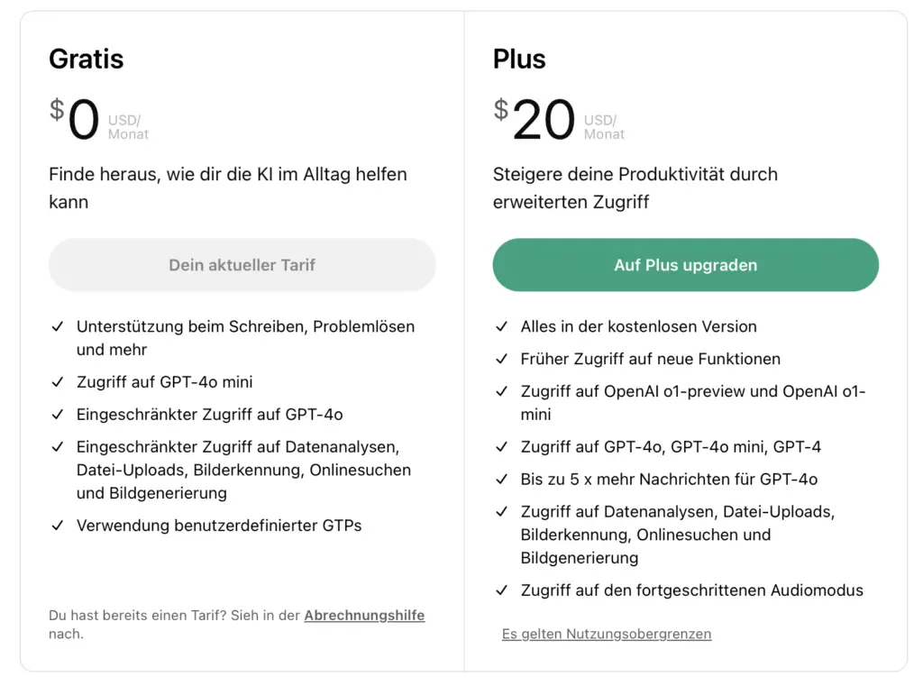 chatGPT kostenlos vs. plus