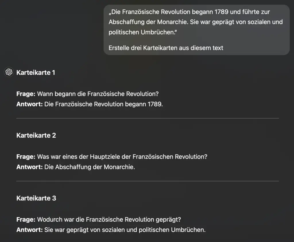 Man kann ChatGPT Karteikarten erstellen lassen. Hier sieht man das Chat dafür.